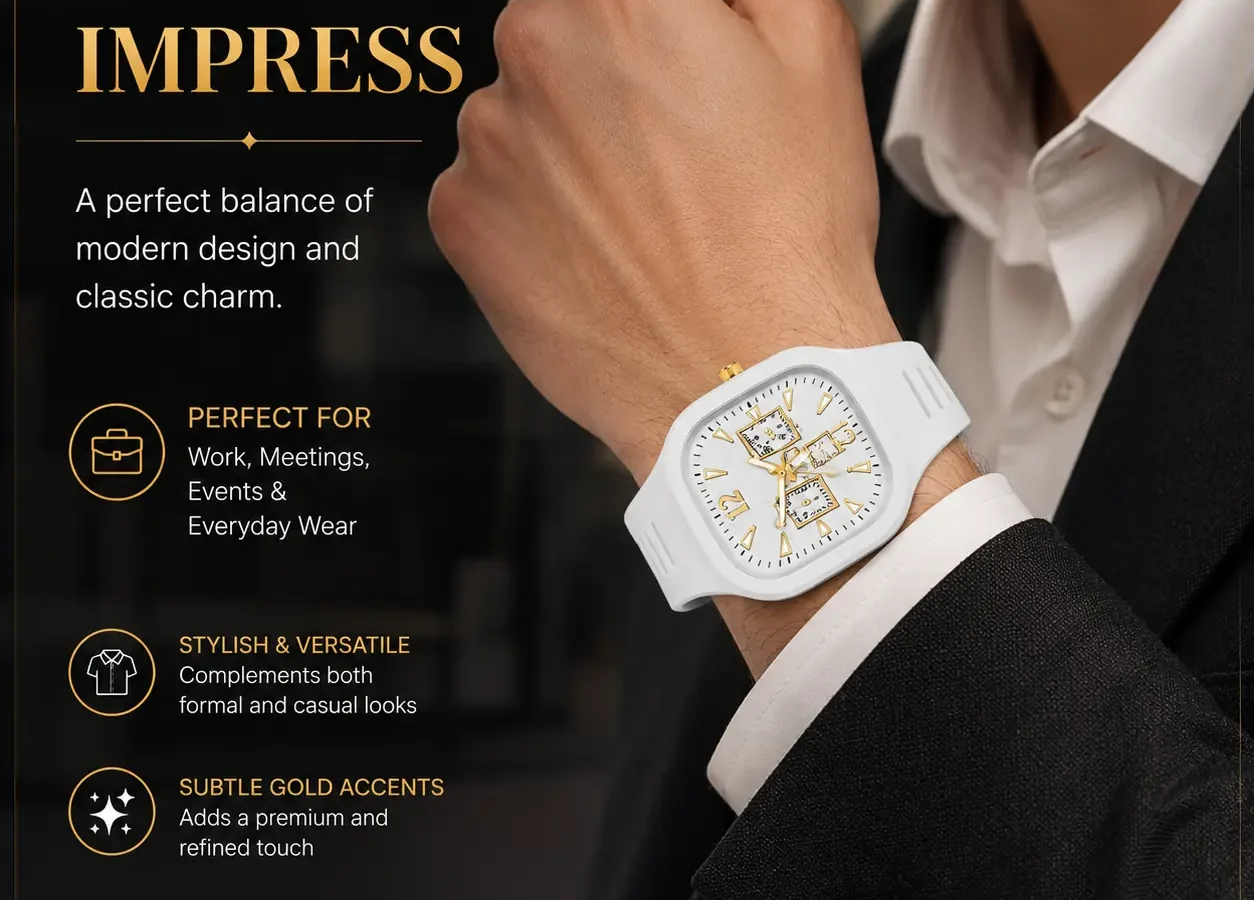 White Square Analog Watch Gold Accents