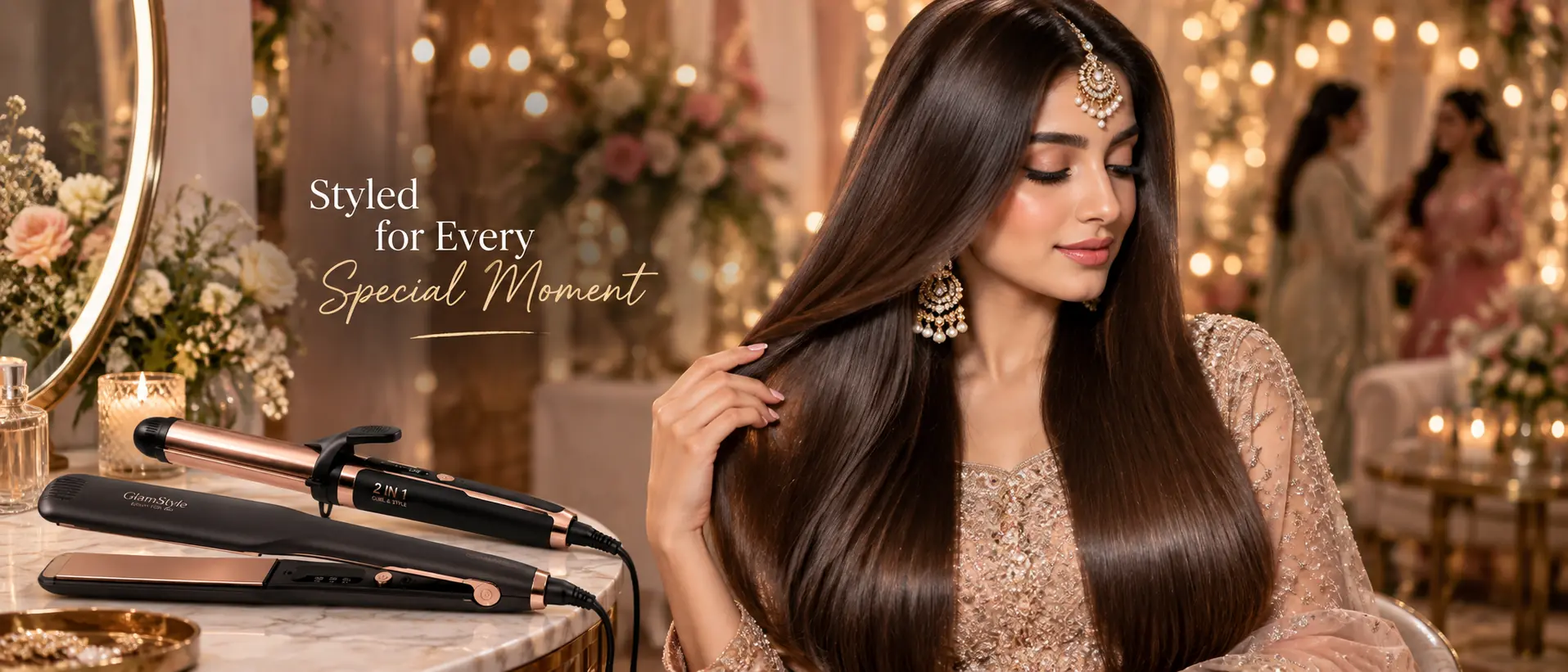 Pakistani woman styling sleek hair with ceramic hair straightener at home - Everino PK