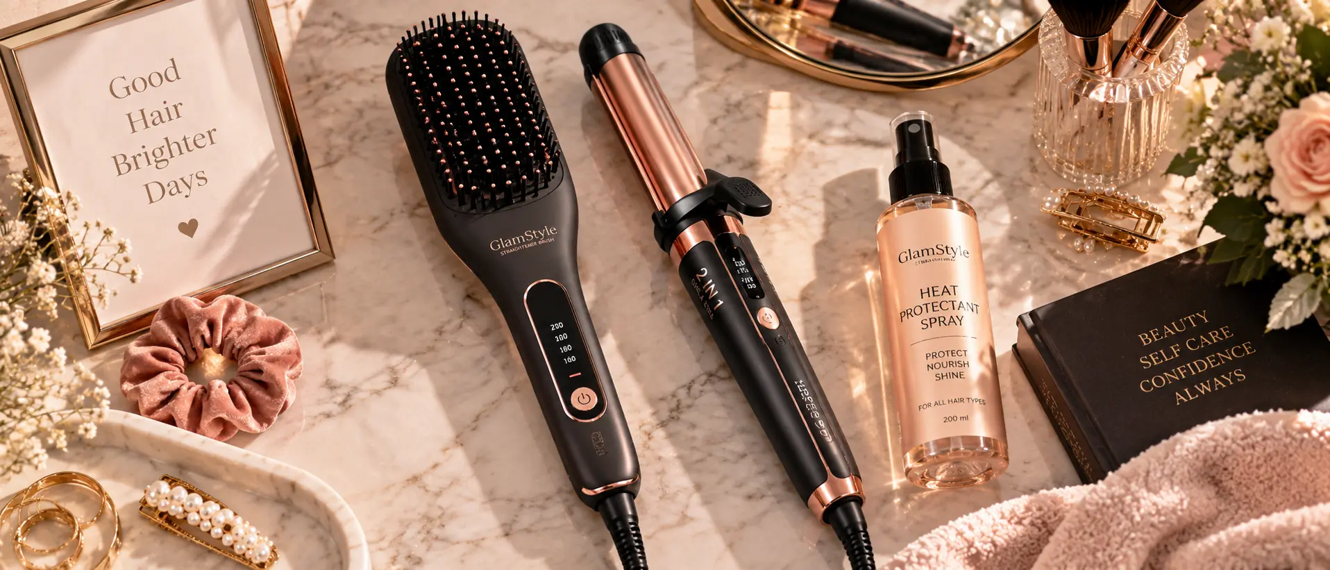 Compact 2 in 1 curling iron and hair straightener vanity display - Everino PK
