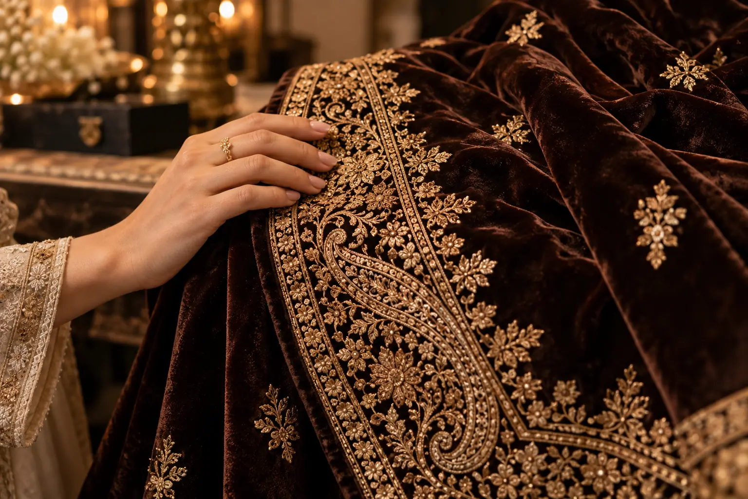 Brown Micro-Velvet Shawl with Antique Gold Zari Tilla Embroidery Work Everino