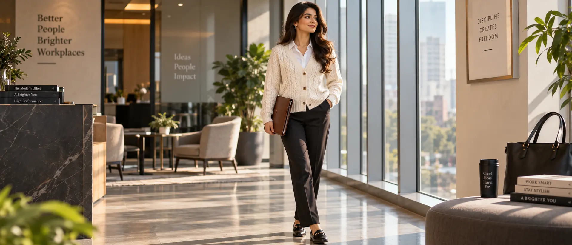 Elegant Cream V Neck Cardigan Workwear Styling for Pakistani Women Everino