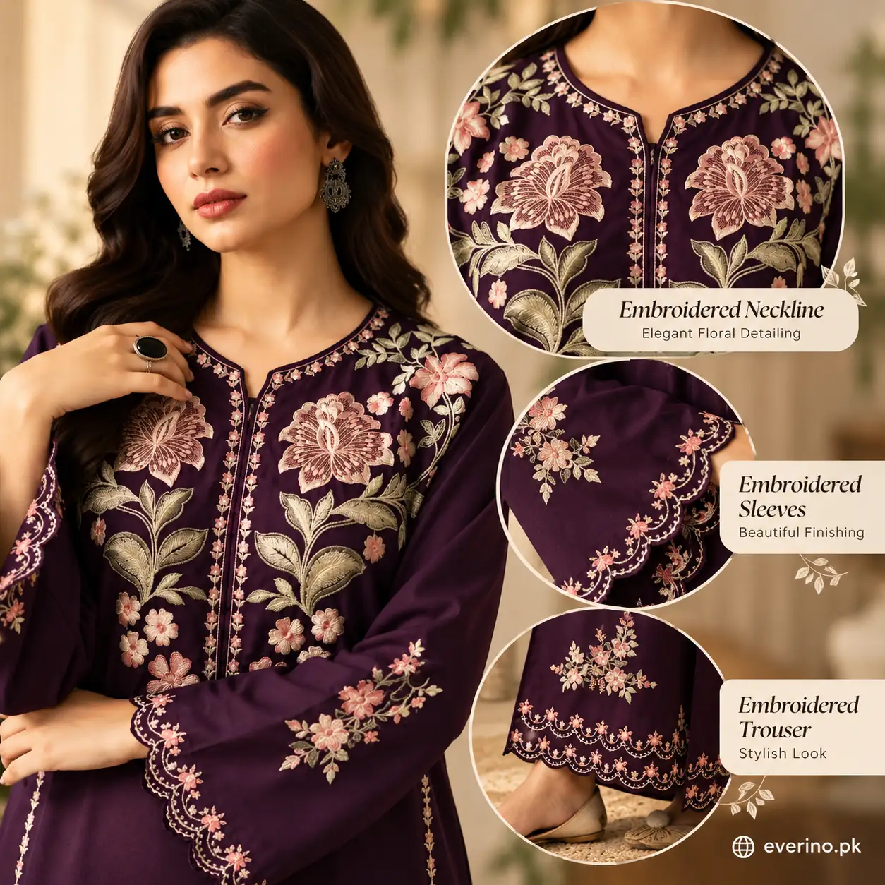 2 Pcs Womens Dhanak Embroidered Winter Suit - Image 2