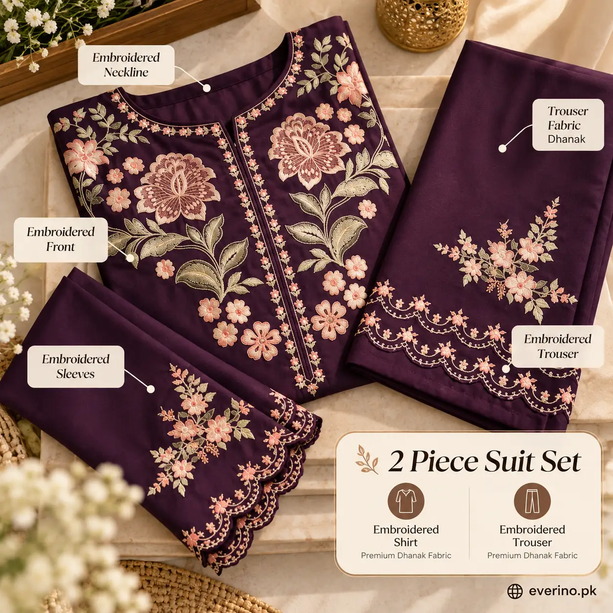 2 Pcs Womens Dhanak Embroidered Winter Suit - Image 3