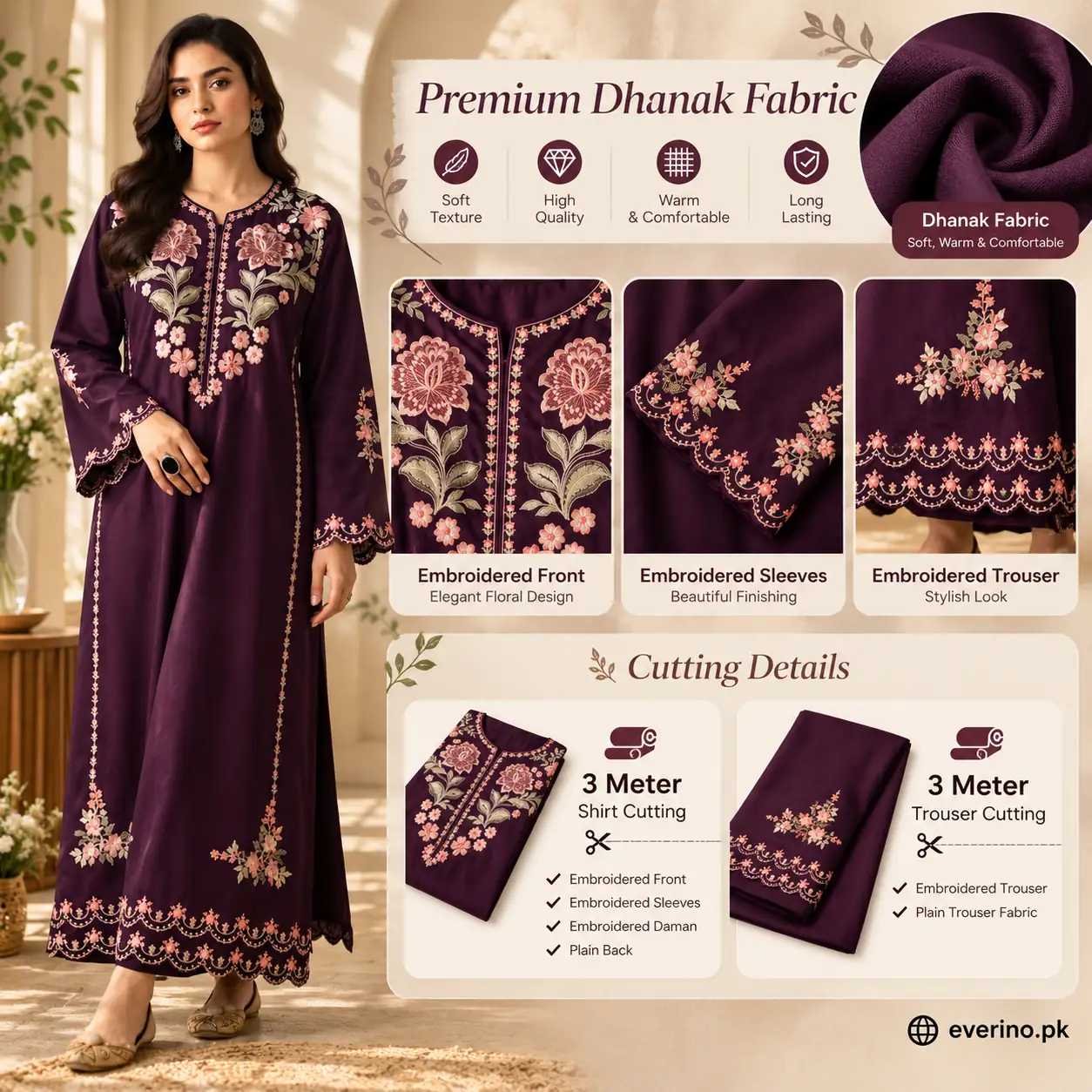 2 Pcs Womens Dhanak Embroidered Winter Suit - Image 4
