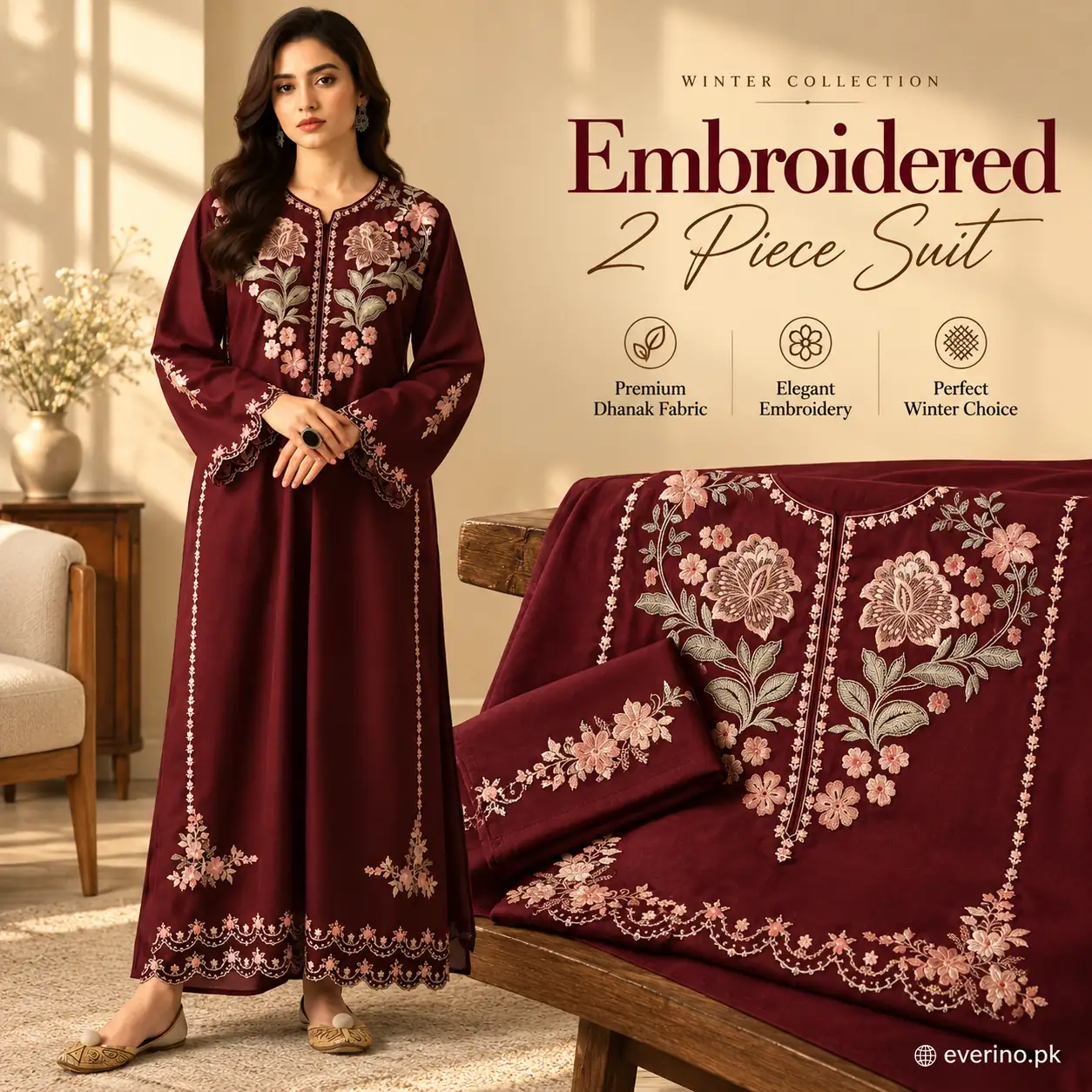 2 Pcs Womens Unstitched Embroidered Dhanak Suit
