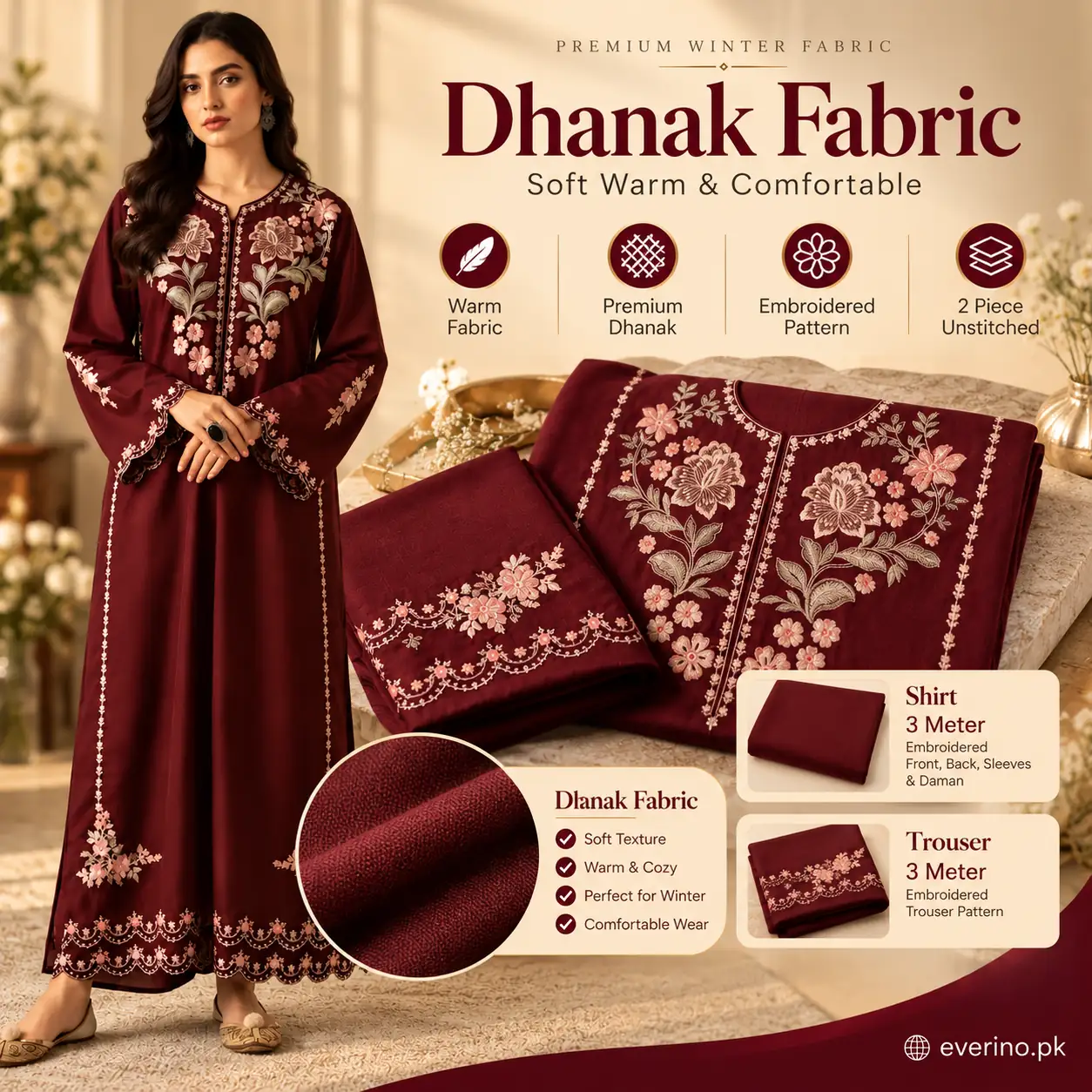 2 Pcs Womens Unstitched Embroidered Dhanak Suit - Image 4