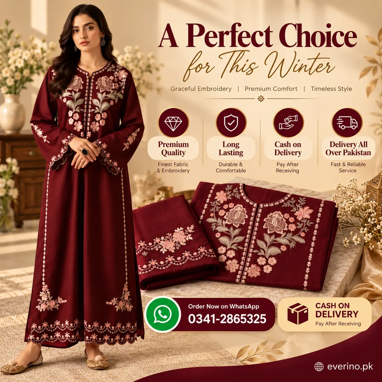 2 Pcs Womens Unstitched Embroidered Dhanak Suit - Image 5