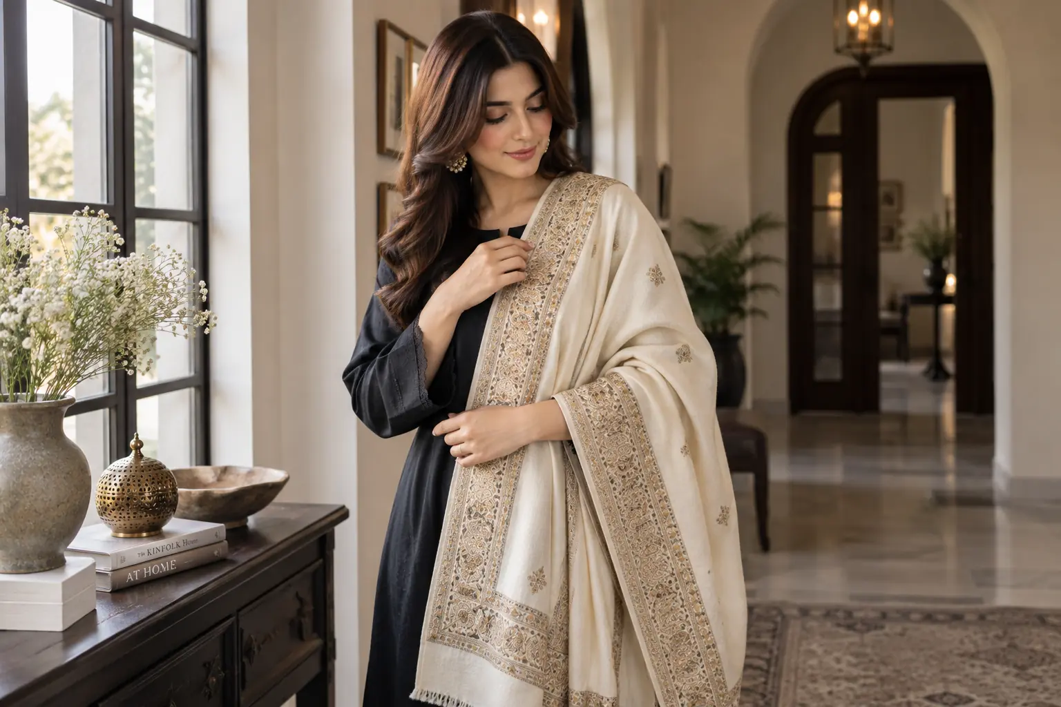 Off-White Pashmina Wool Shawl Draping Style for Pakistani Weddings Everino