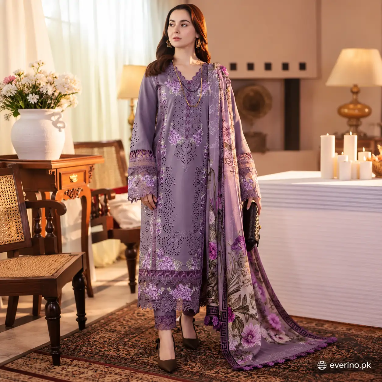 3 Pcs Womens Dhanak Embroidered Dress With Wool Shawl