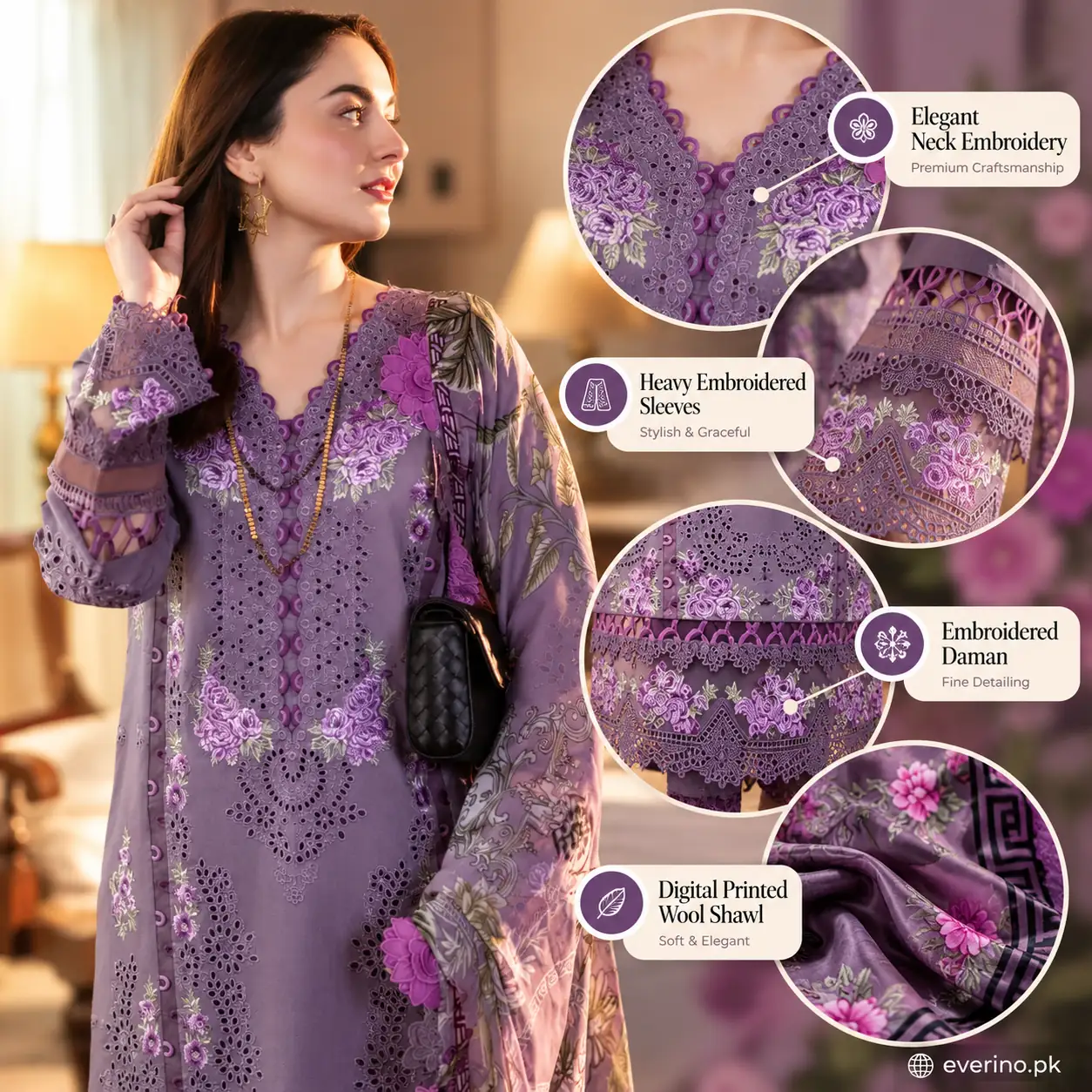 3 Pcs Womens Dhanak Embroidered Dress With Wool Shawl - Image 2