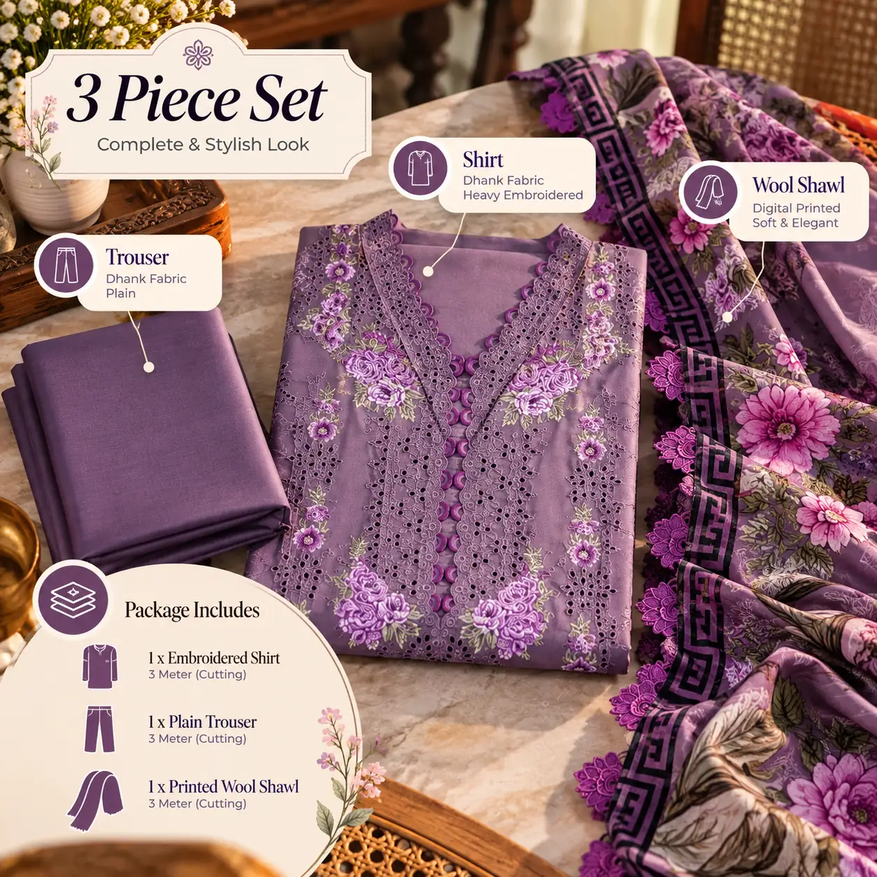 3 Pcs Womens Dhanak Embroidered Dress With Wool Shawl - Image 3