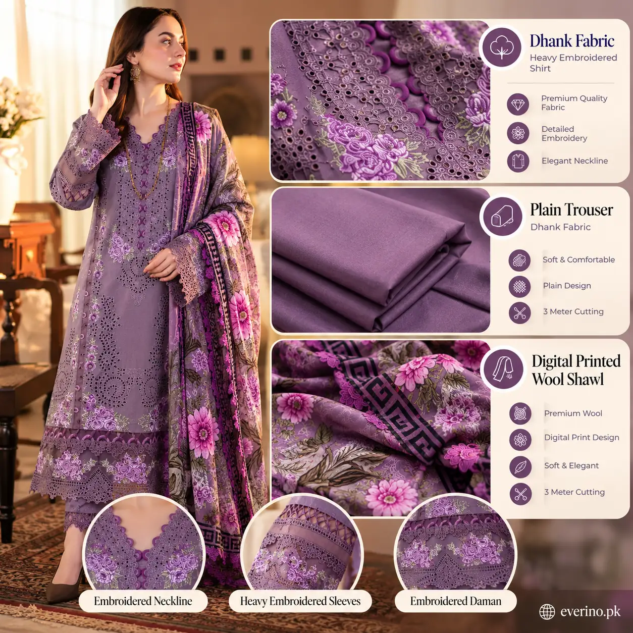 3 Pcs Womens Dhanak Embroidered Dress With Wool Shawl - Image 4