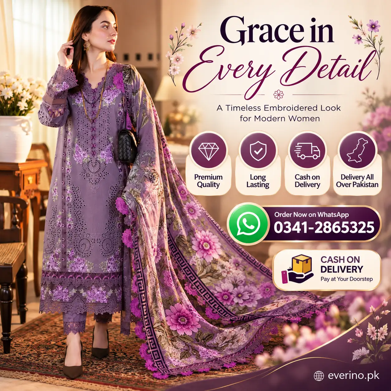 3 Pcs Womens Dhanak Embroidered Dress With Wool Shawl - Image 5