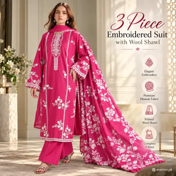 3 Pcs Womens Embroidered Dhanak Suit Paired With Wool Shawl