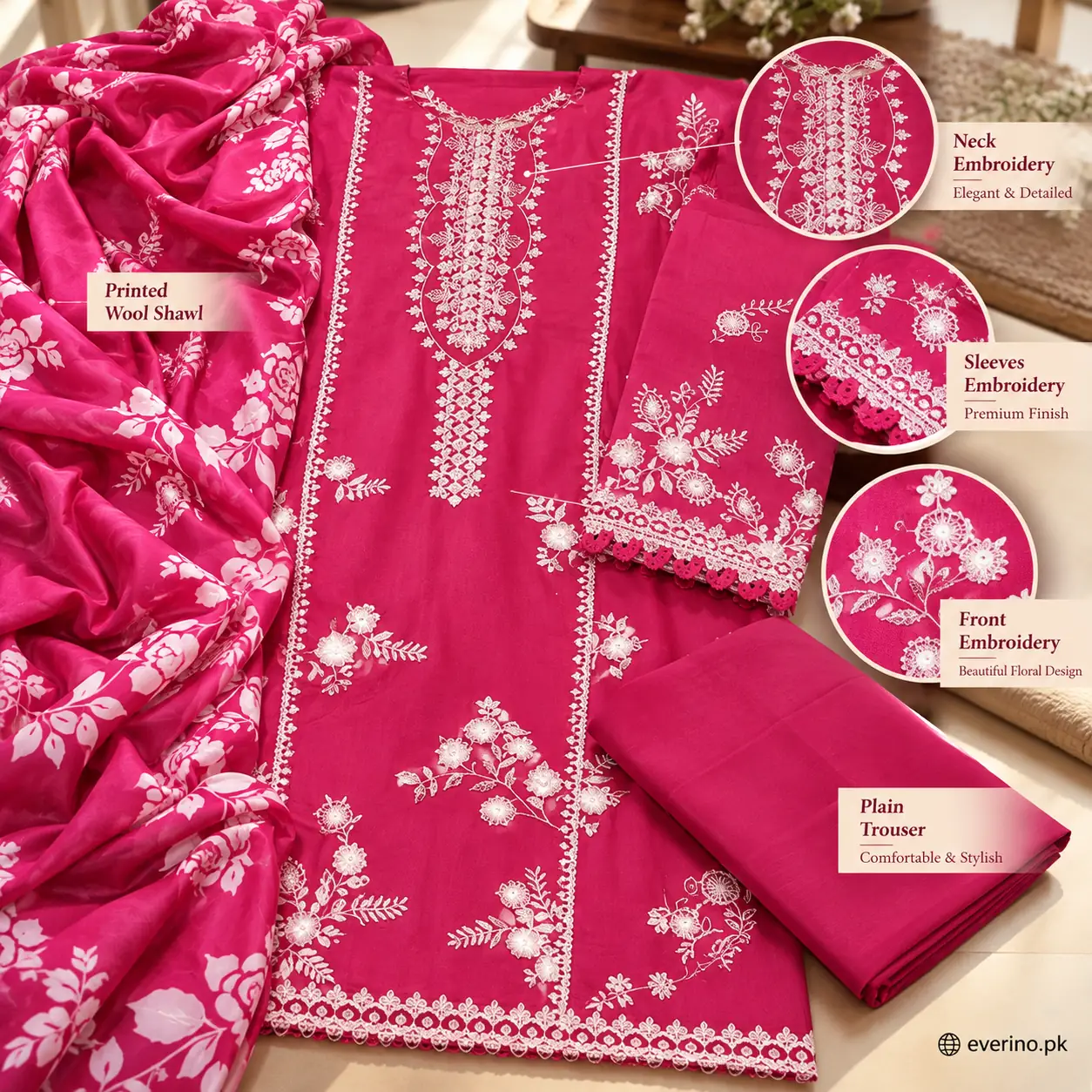 3 Pcs Womens Embroidered Dhanak Suit Paired With Wool Shawl - Image 2