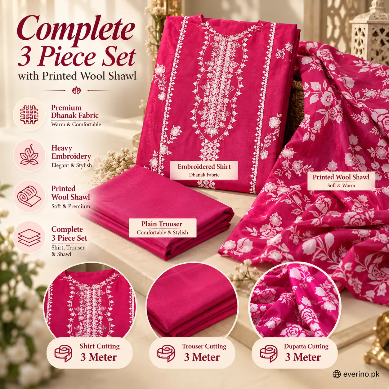 3 Pcs Womens Embroidered Dhanak Suit Paired With Wool Shawl - Image 3