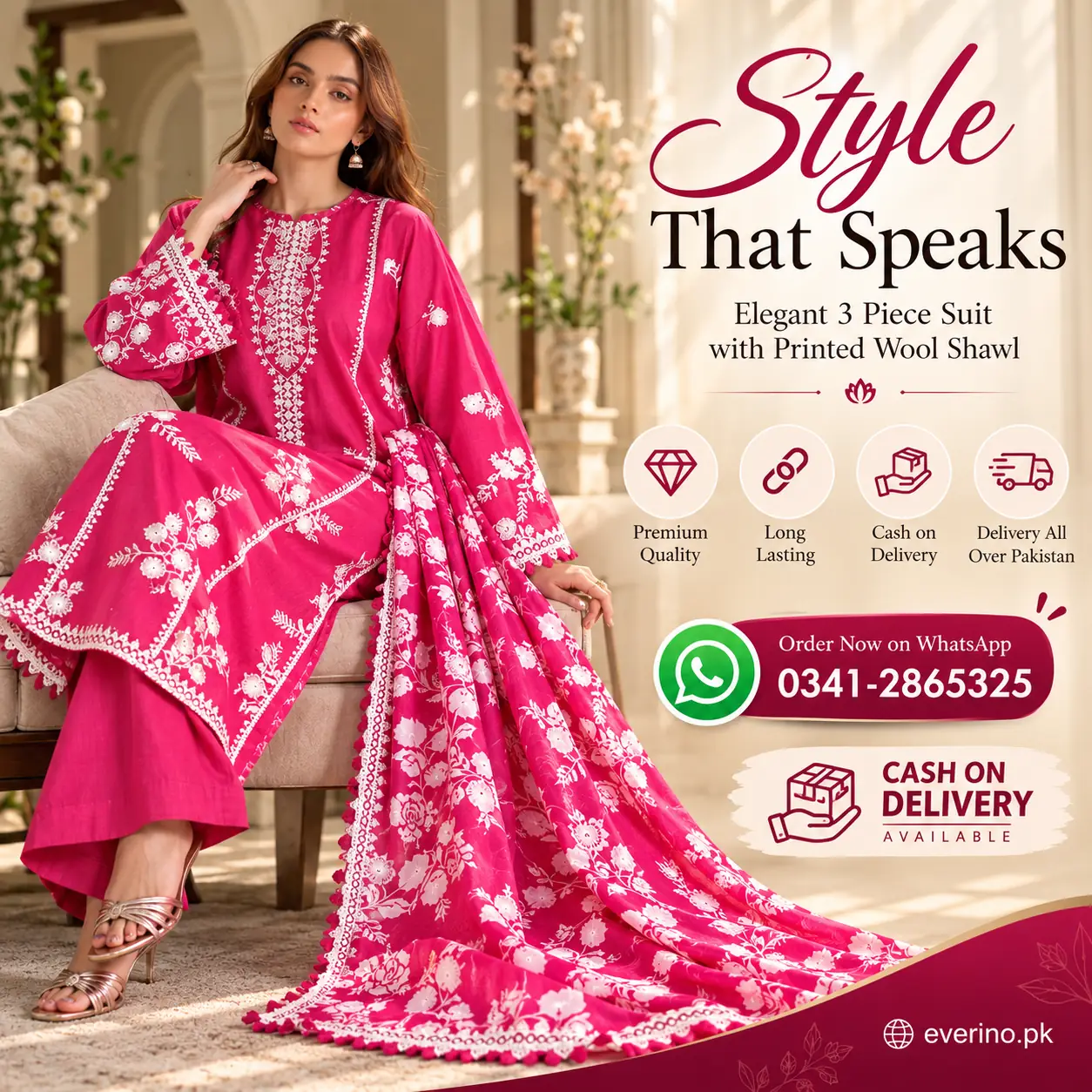 3 Pcs Womens Embroidered Dhanak Suit Paired With Wool Shawl - Image 4