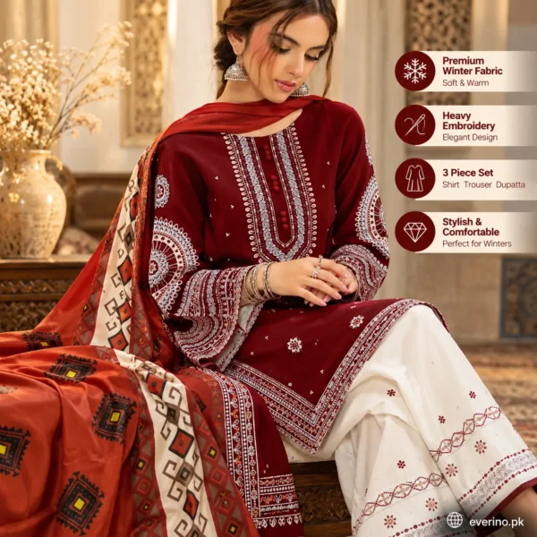 dhanak 3 piece embroidered suit with wool shawl