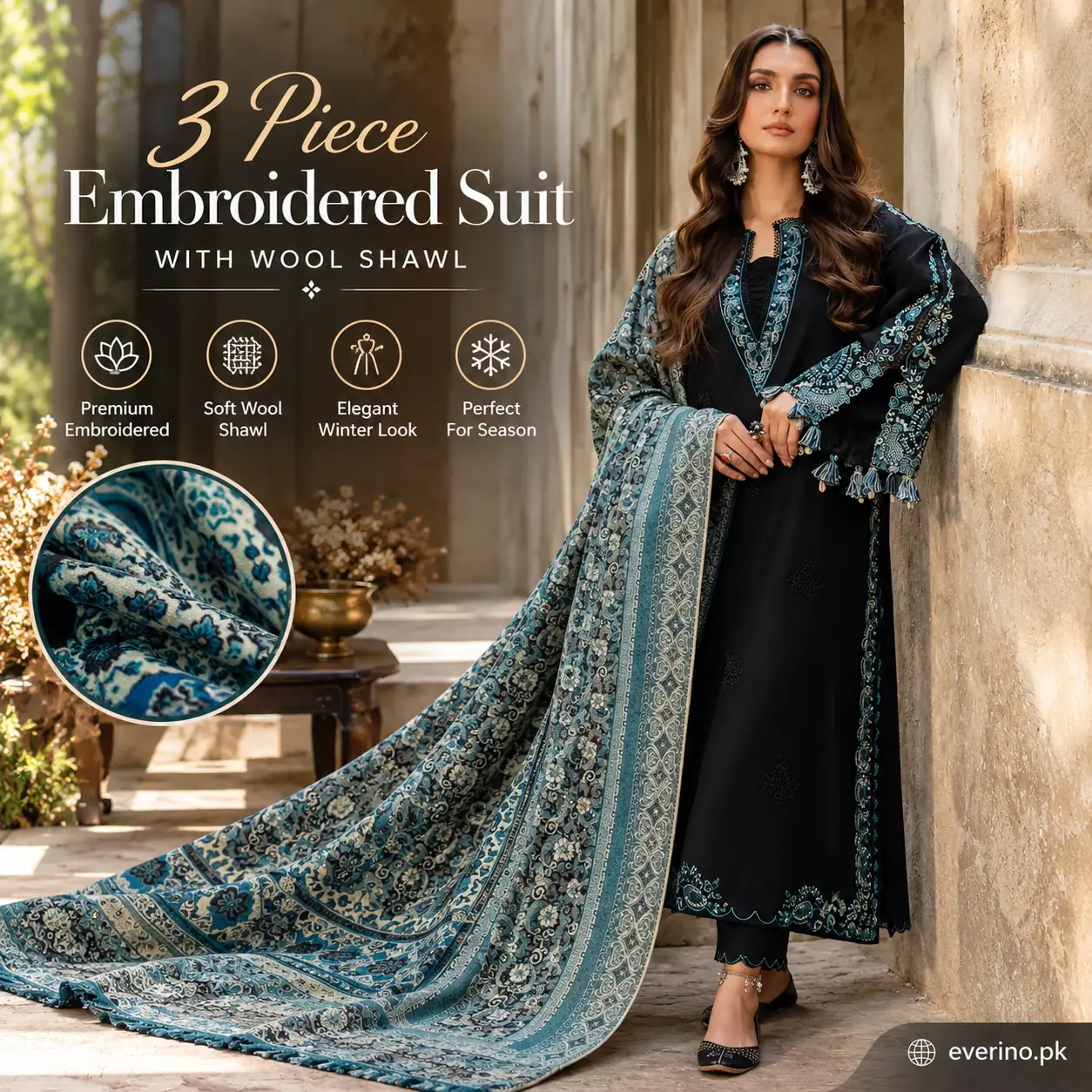 3 Pcs Womens Heavy Embroidered Winter Dhanak Suit With Wool Shawl