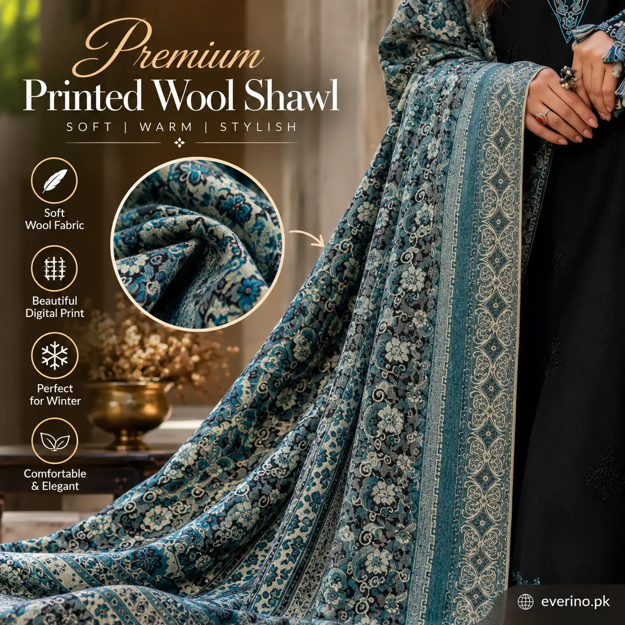 3 Pcs Womens Heavy Embroidered Winter Dhanak Suit With Wool Shawl - Image 2