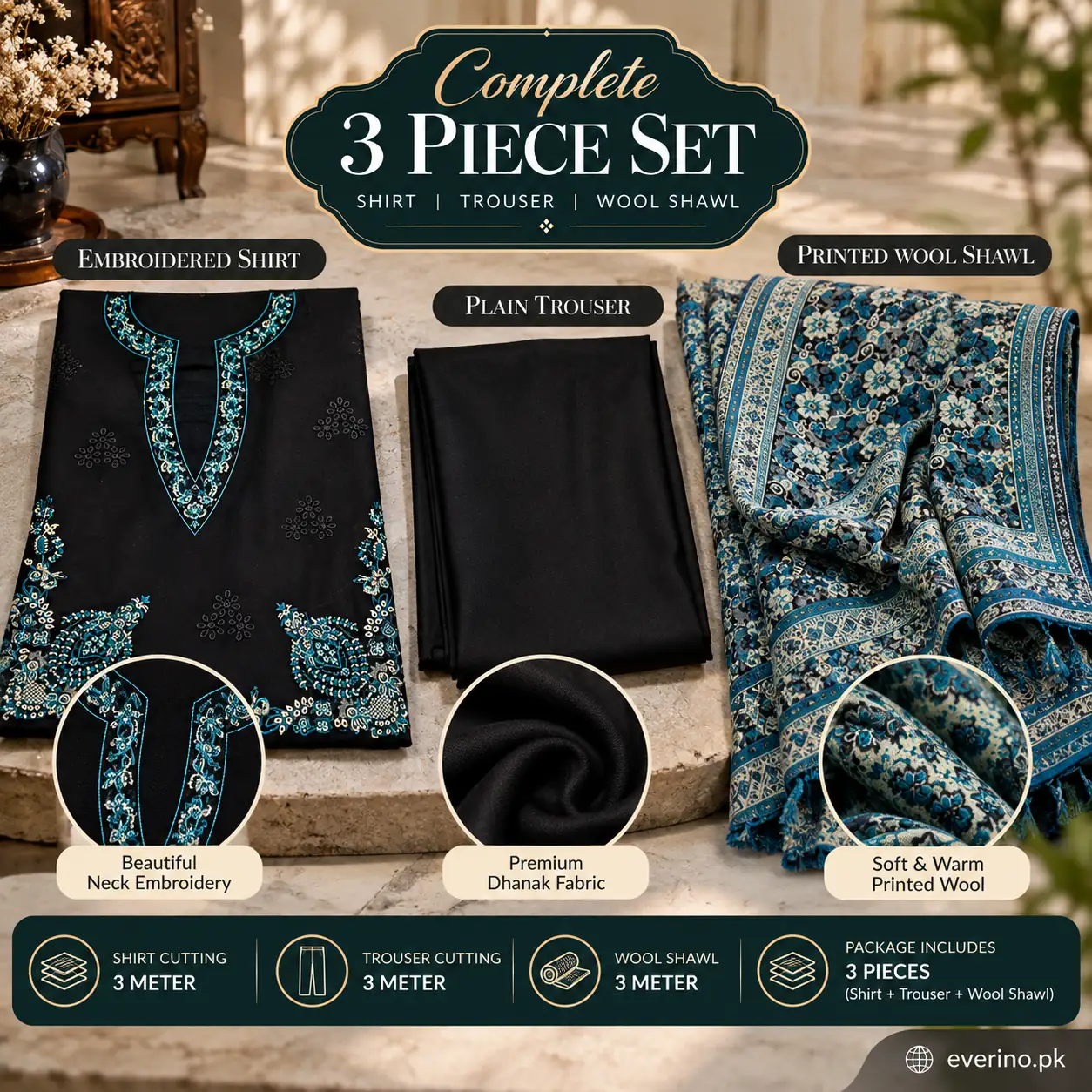 3 Pcs Womens Heavy Embroidered Winter Dhanak Suit With Wool Shawl - Image 3