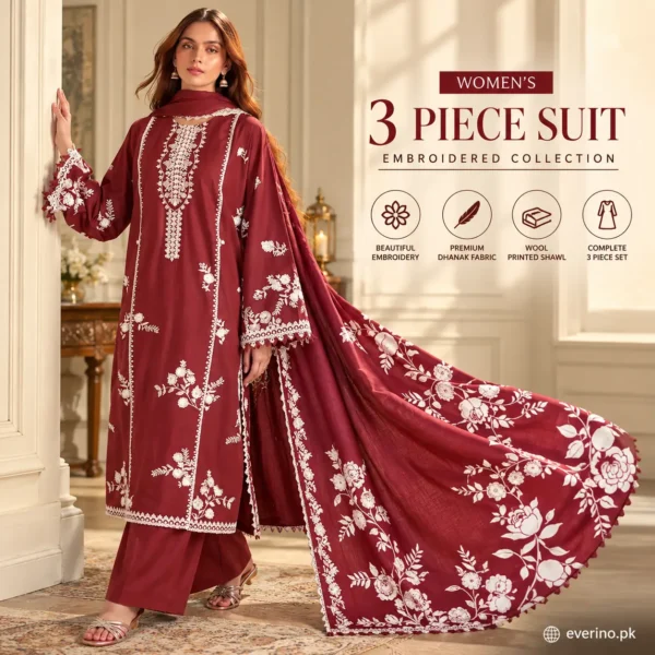3 Pcs Womens Unstitched Dhanak Suit Paired With Wool Shawl