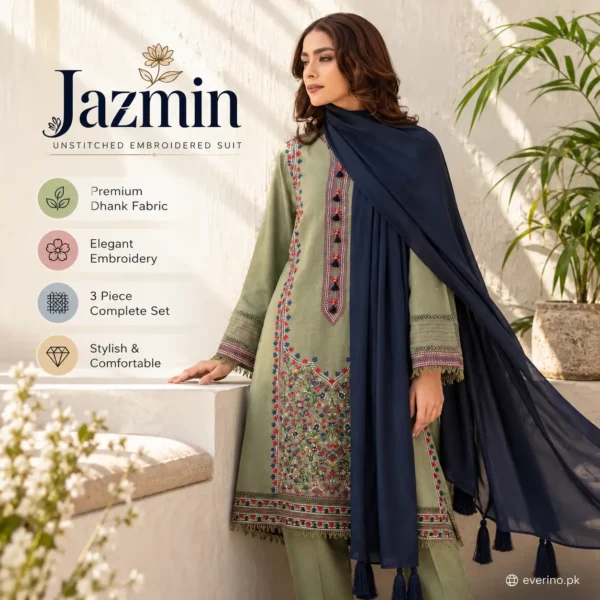 3 Pcs Womens Unstitched Embroidered Suit Brand Jazmin