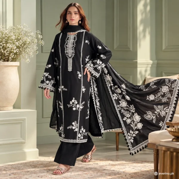 3 Pcs Womens Unstitched Embroidered Suit Hit Code Special Black With Wool Shawl