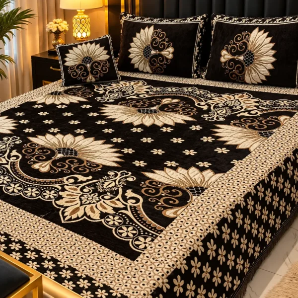 4 Pc Velvet Floral Bedsheet Set Black Gold