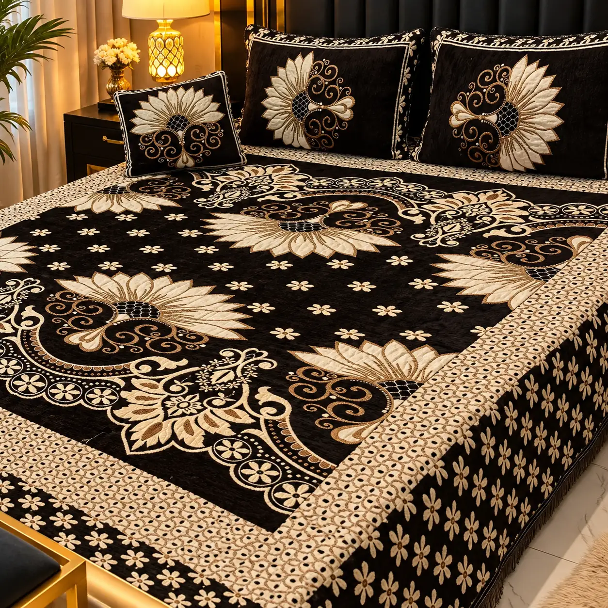 4 Pc Velvet Floral Bedsheet Set Black Gold