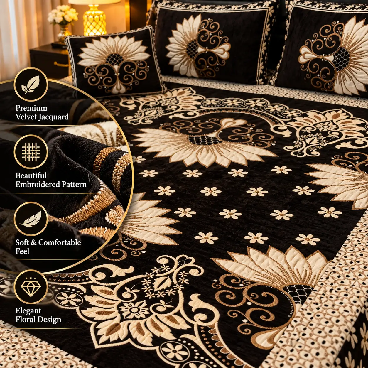 4 Pc Velvet Floral Bedsheet Set Black Gold - Image 2
