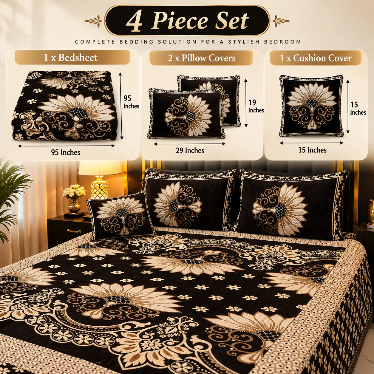 4 Pc Velvet Floral Bedsheet Set Black Gold - Image 3