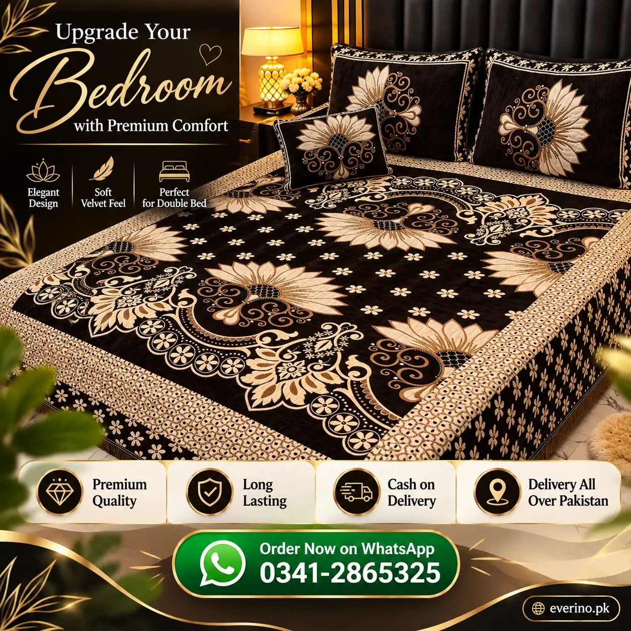 4 Pc Velvet Floral Bedsheet Set Black Gold - Image 4
