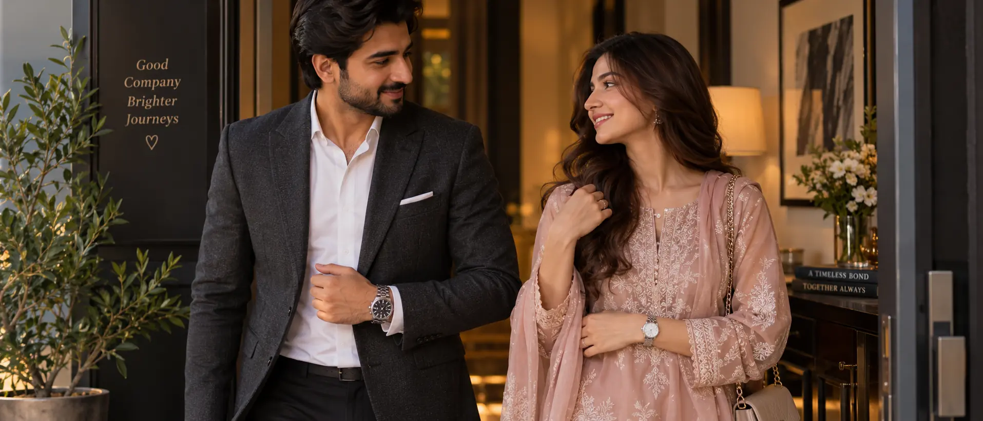 Elegant Matching Couple Watches Styled with Eastern and Formal Wear Everino