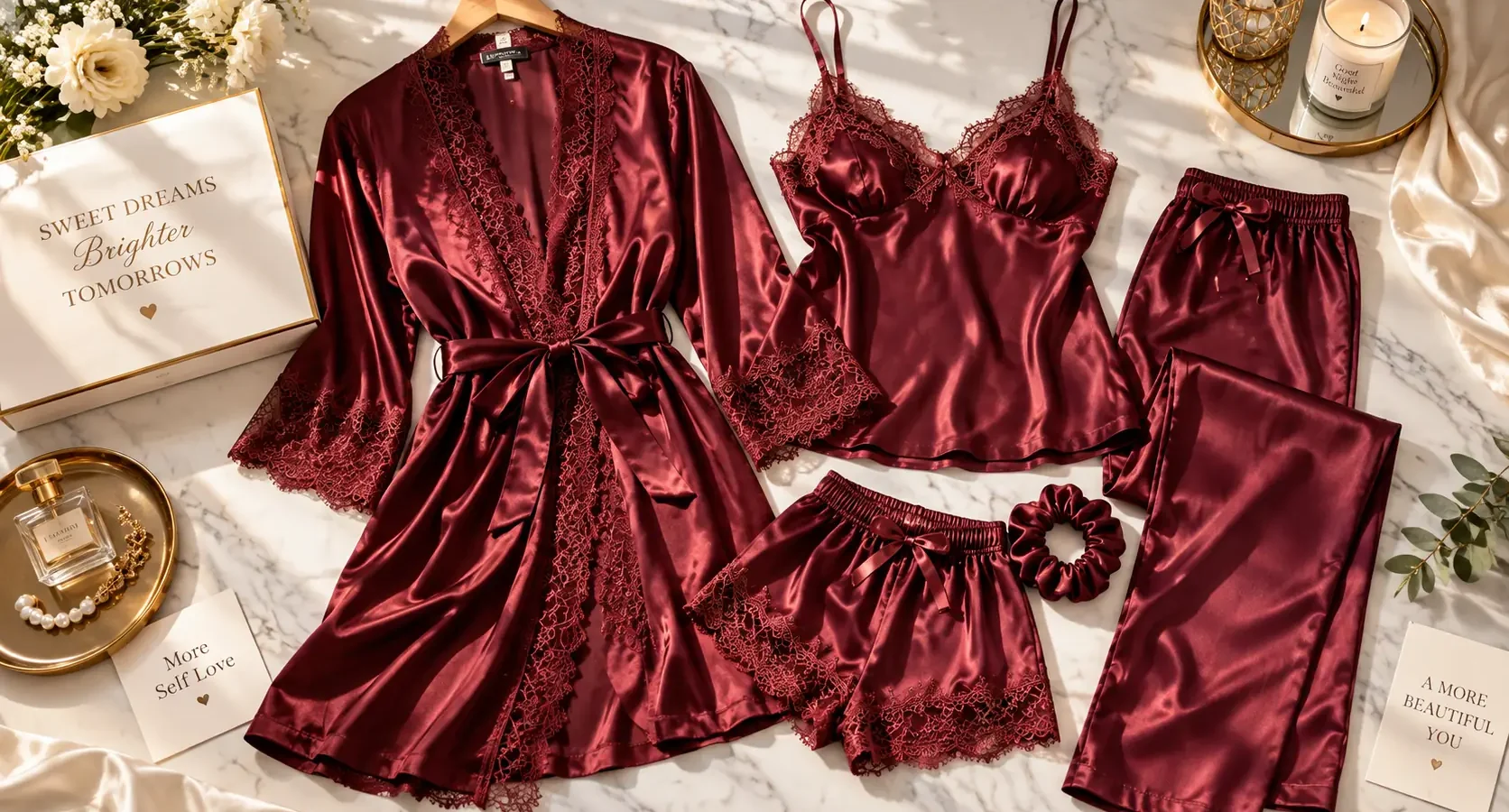 Silk night suit for women pakistan 5 piece luxury nightwear set - Everino PK