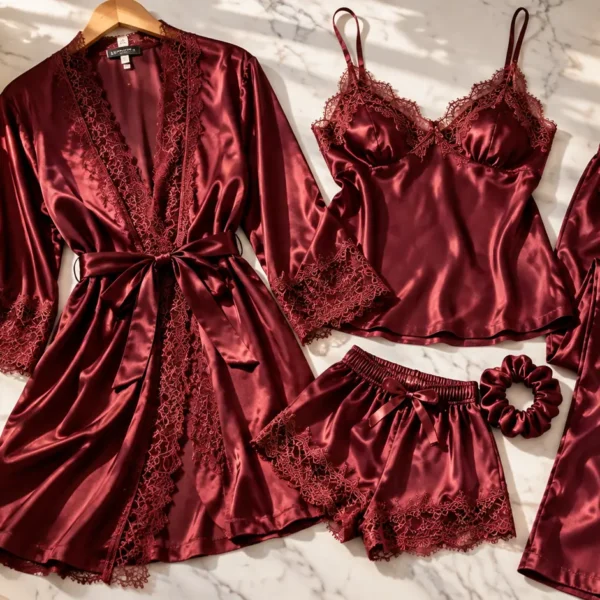 Silk night suit for women pakistan 5 piece luxury nightwear set - Everino PK