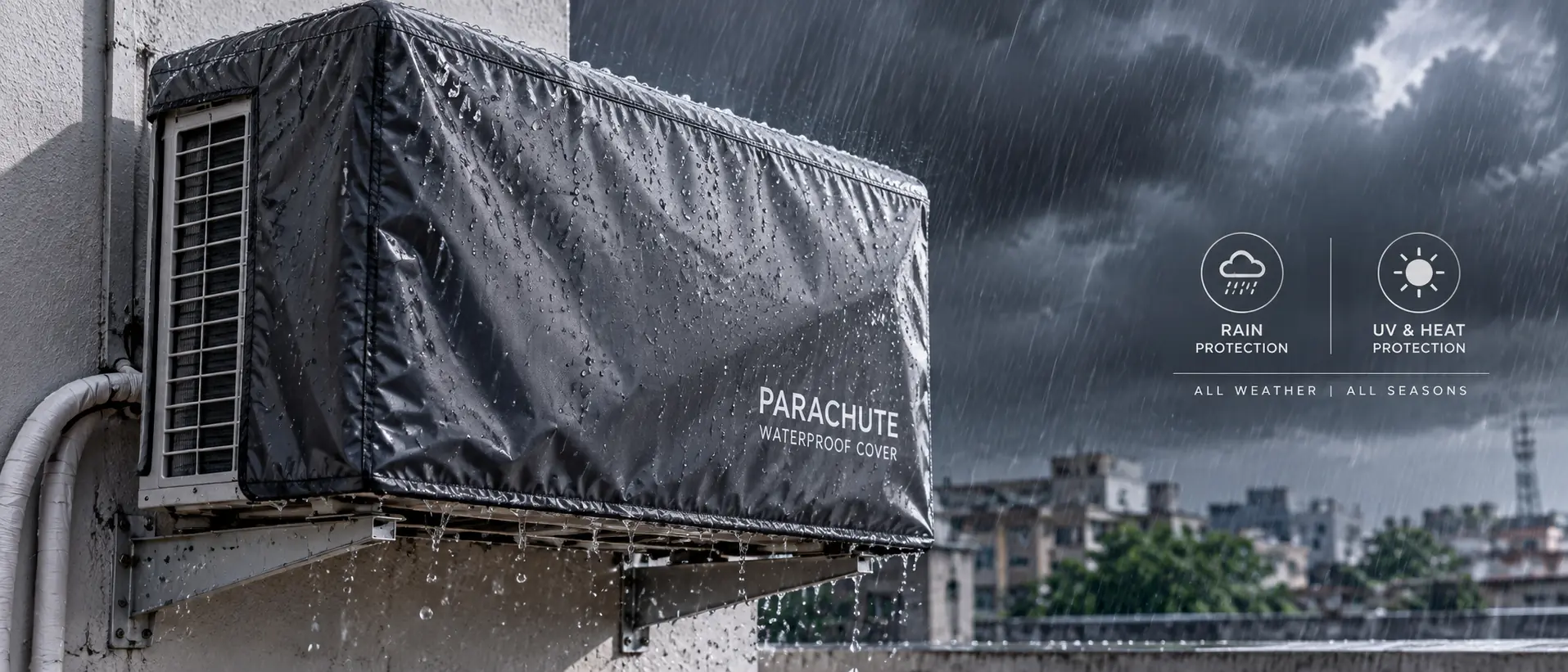 Split AC outdoor unit protected with waterproof appliance cover in Pakistan - Everino PK