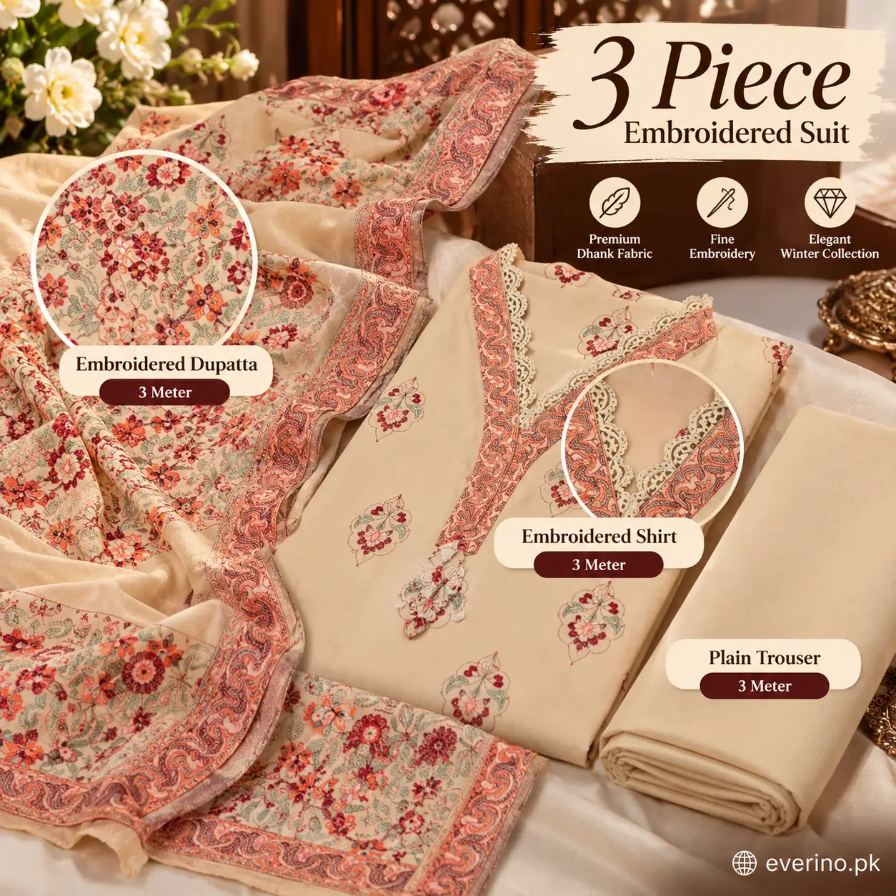 Bareeze Plain Embroidered Winter Dhanak Suit 3 Pcs - Image 3
