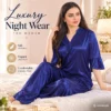 v neck 2 piece blue silk nightwear set