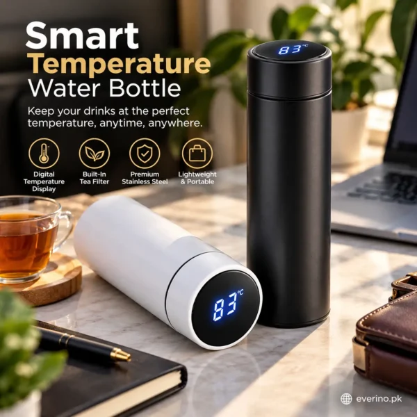 Digital Temperature Water Bottle Black Stainless Steel
