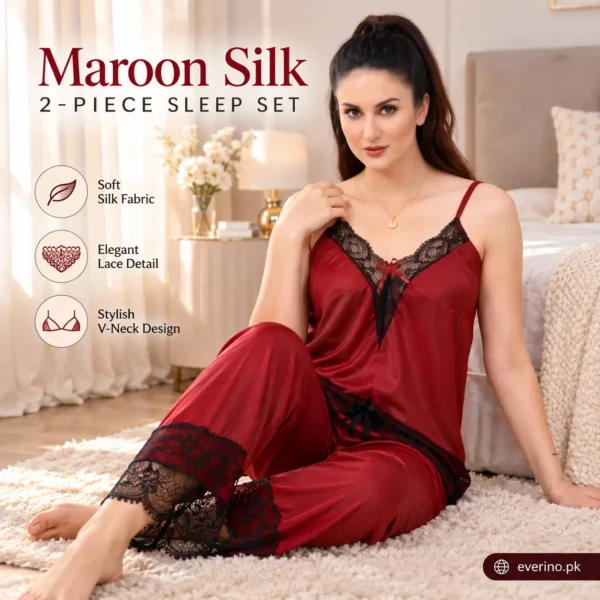maroon silk v neck 2 piece nightwear