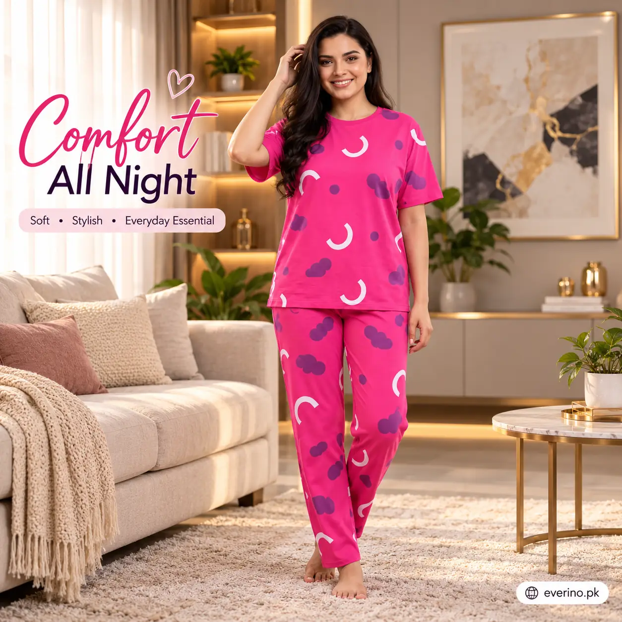 pink printed jersey night suit 2 piece