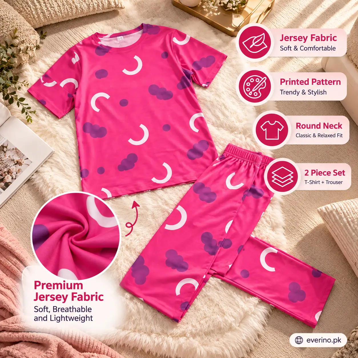 pink printed jersey night suit 2 piece