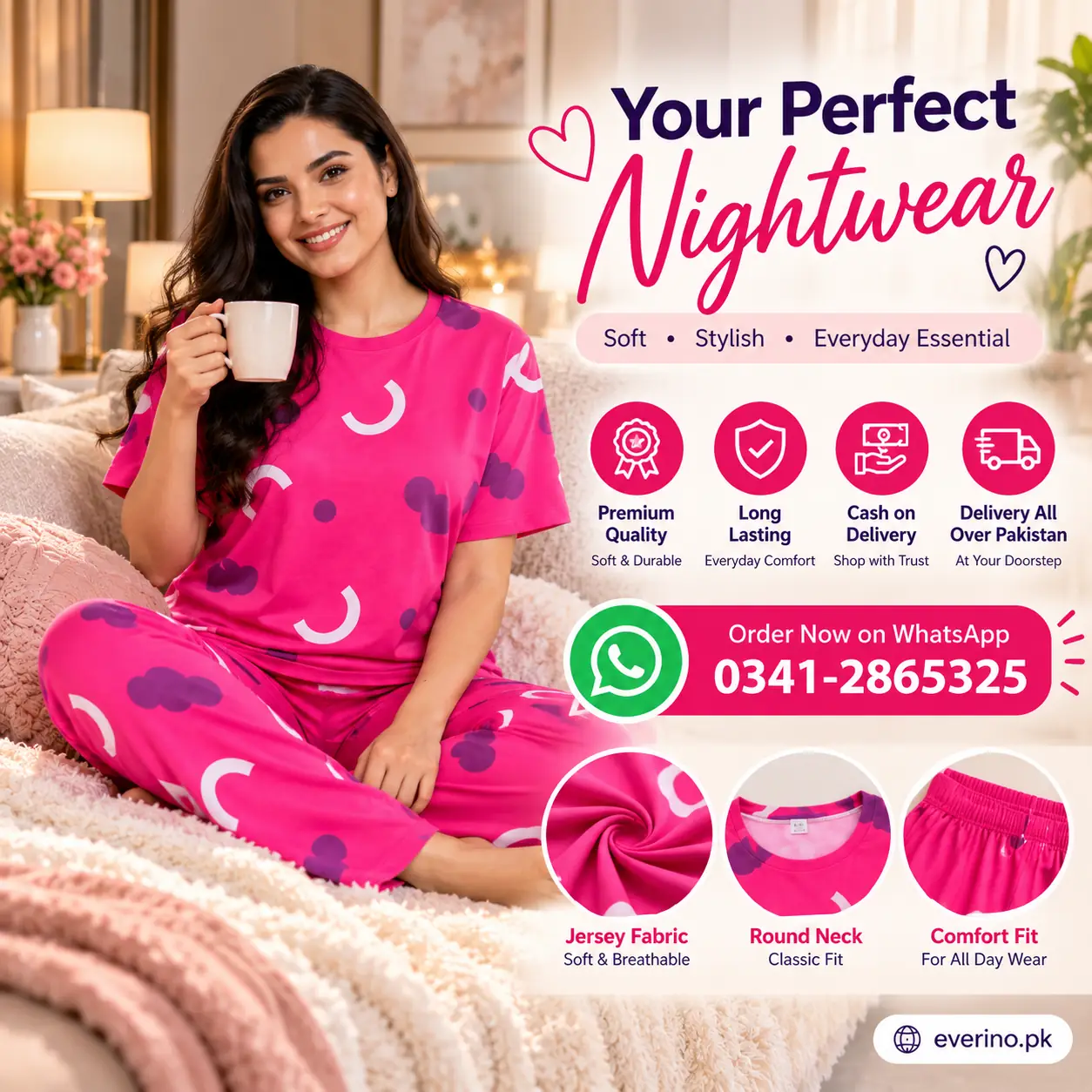 pink printed jersey night suit 2 piece