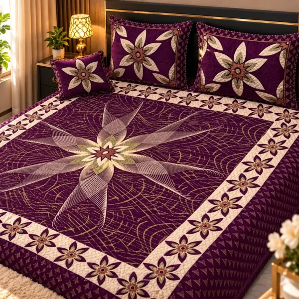 Purple Velvet Jacquard 4Pc Bedsheet Set Double Bed