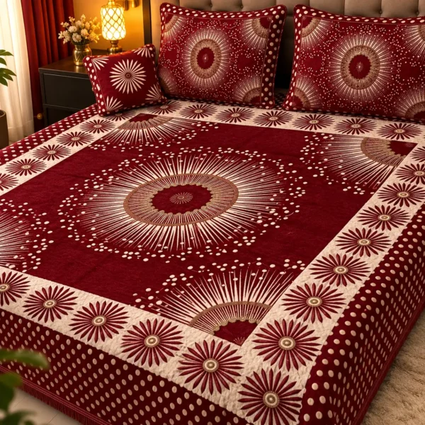 Red Velvet Jacquard Double Bed Set 4 Pcs