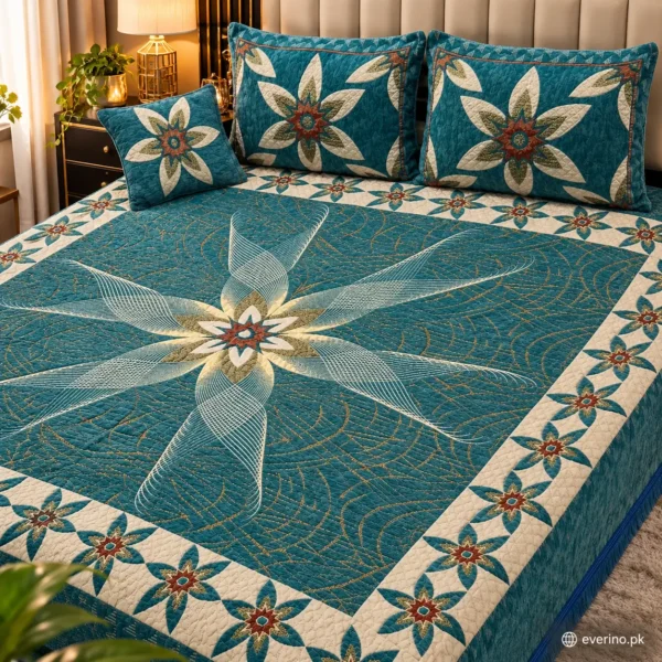 Tea Color Star Pattern Cotton Quilted Bed Set with 4 Pillows