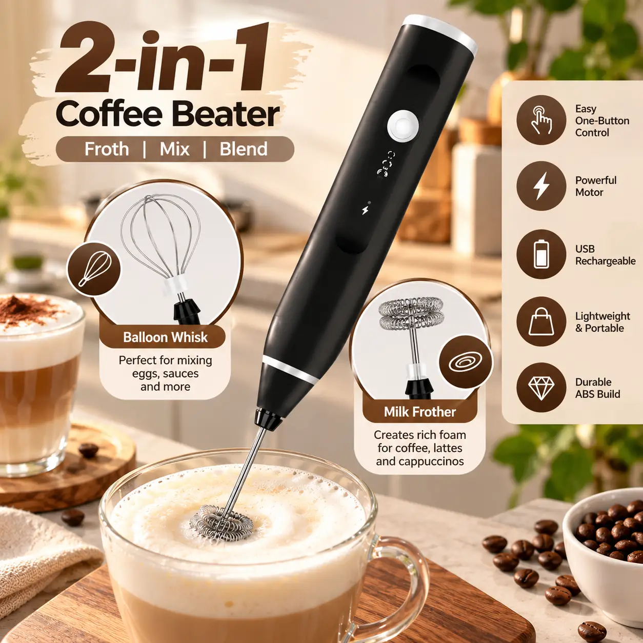 usb rechargeable coffee and milk frother whisk