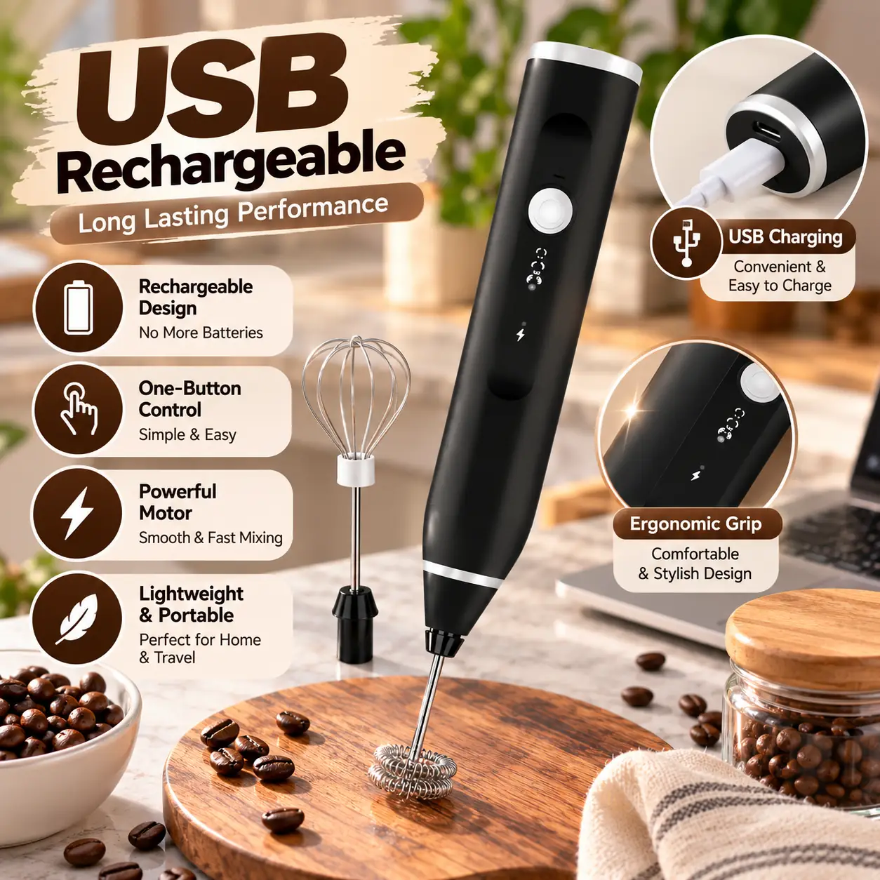 usb rechargeable coffee and milk frother whisk