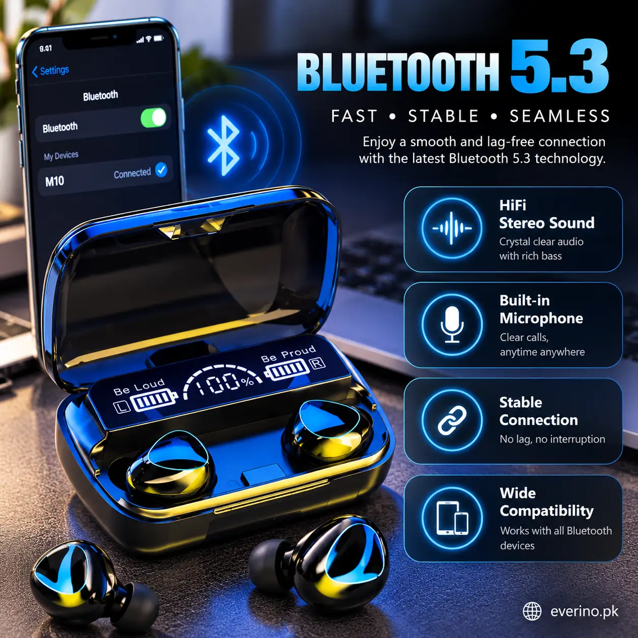 Water Resistant Black Bluetooth 5 3 Earbuds - Image 2